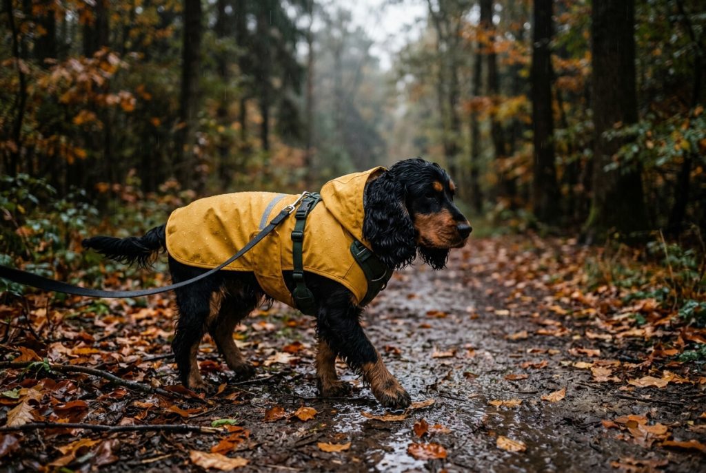 cocker portant un imperméable pendant une balade d'automne pluvieuse