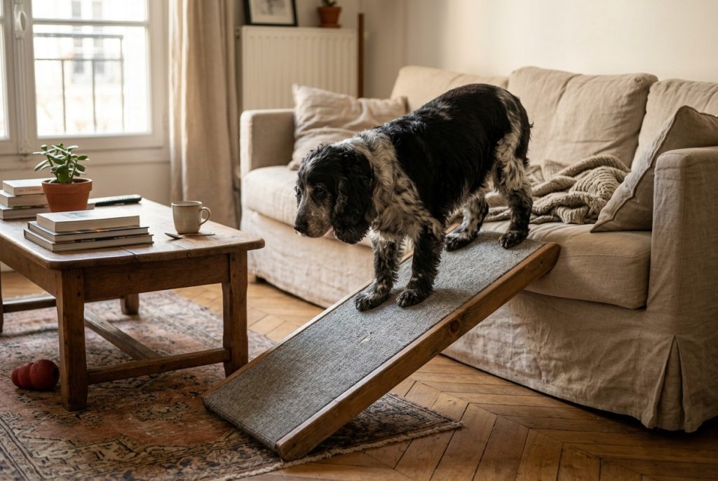 Cocker senior utilisant une rampe d'accès pour monter sur le canapé