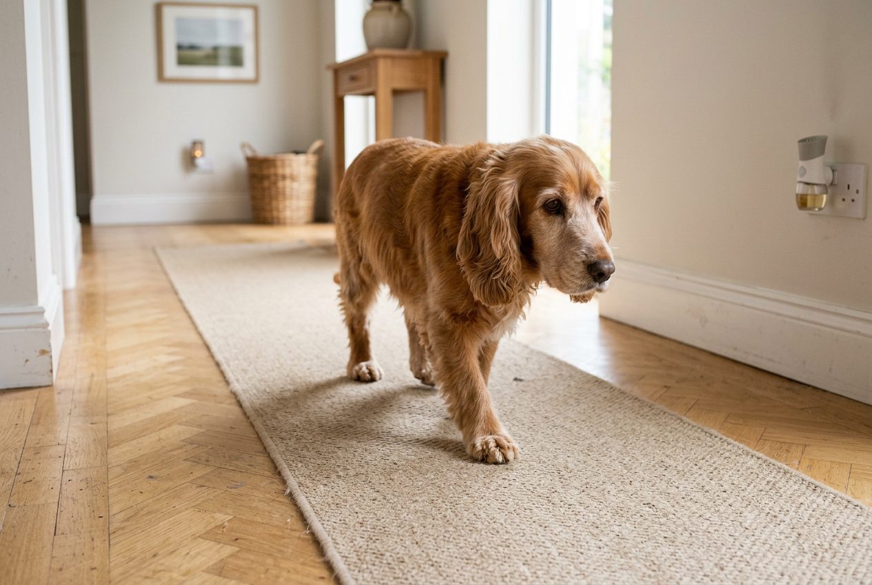 aménager maison cocker senior, Cocker âgé marchant sur un tapis antidérapant dans le couloir