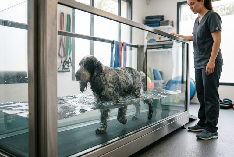 kinésithérapie hydrothérapie chien cocker en séance de rééducation aquatique
