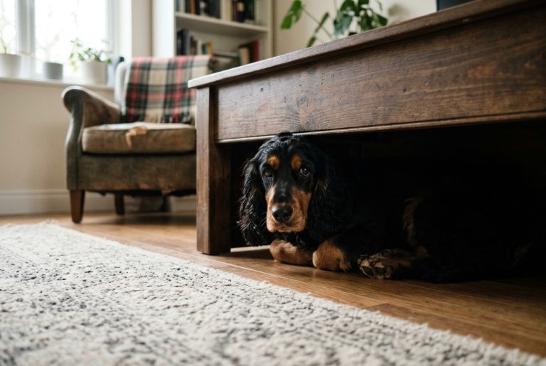 Cocker qui se cache sous un meuble, comportement d'évitement chez le chien