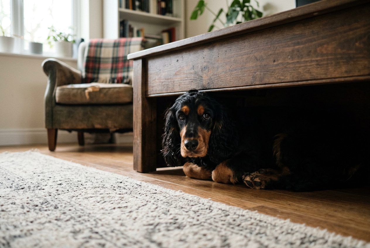Cocker qui se cache sous un meuble, comportement d'évitement chez le chien