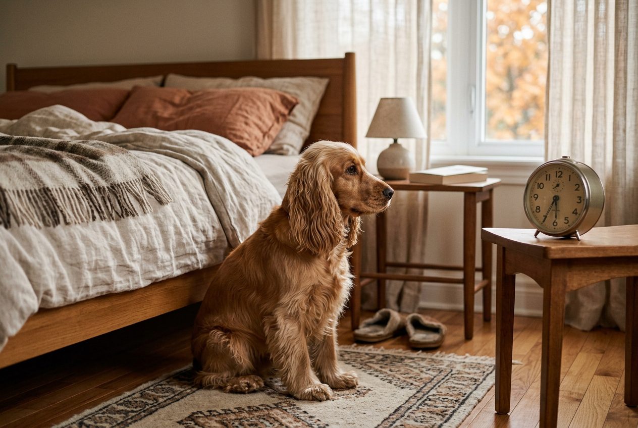 changement d'heure cocker, Cocker Anglais qui regarde un réveil au petit matin d'automne