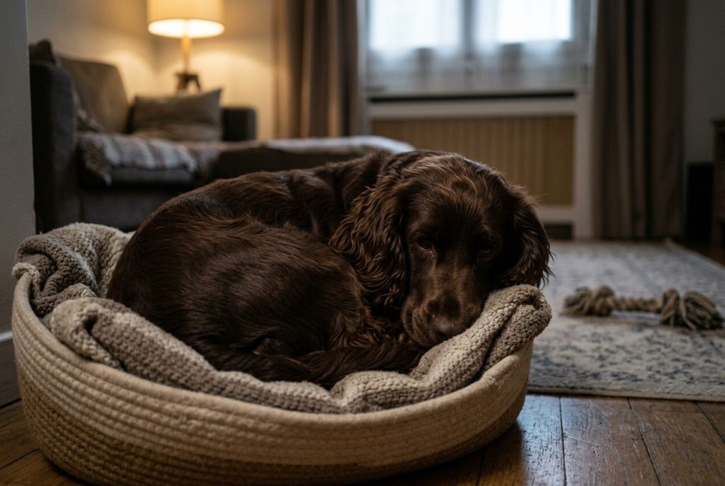 Cocker anxieux replié dans son panier, signe de stress chez le chien