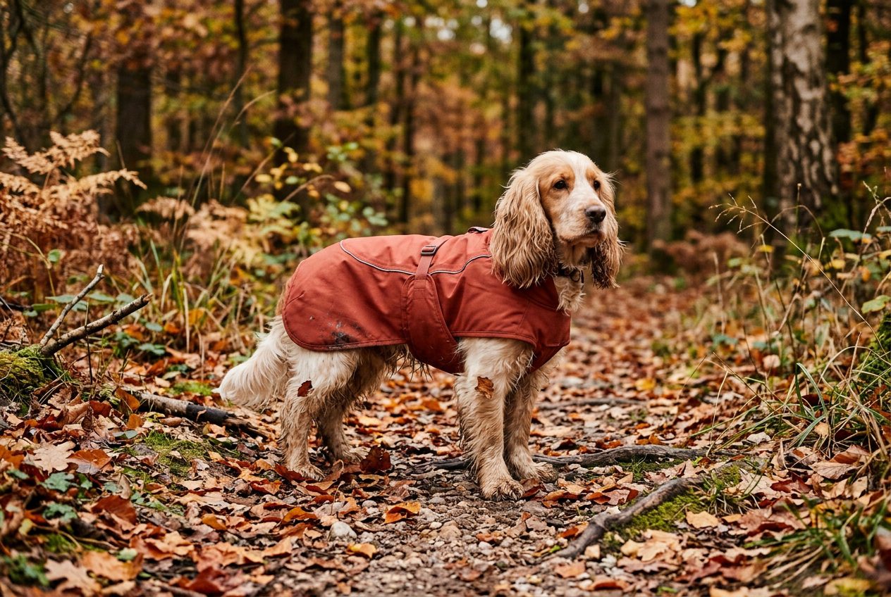 Cocker anglais en promenade avec un manteau imperméable
