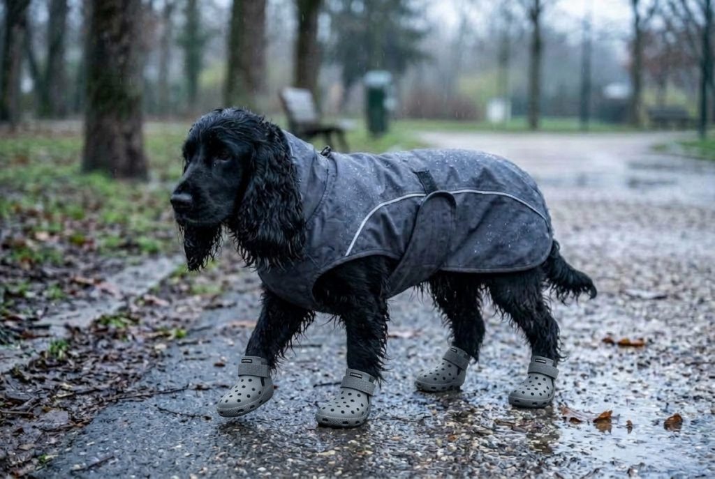 Cocker sous la pluie avec manteau réfléchissant et chaussons
