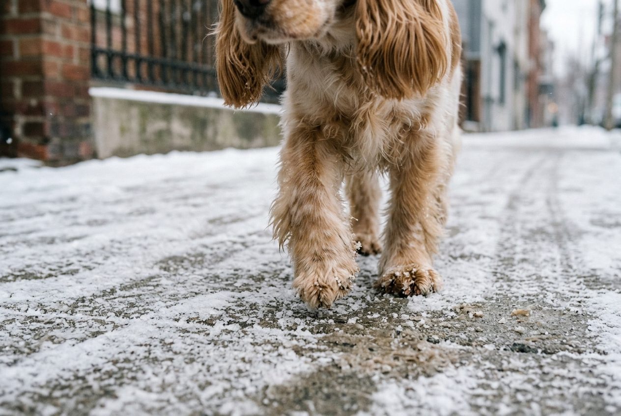 sel de déneigement et coussinets du Cocker : pattes d'un Cocker sur un trottoir salé en hiver