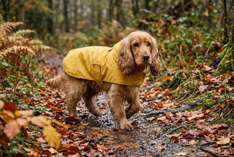 Sortir son Cocker sous la pluie : Cocker en imperméable jaune sur un chemin d'automne