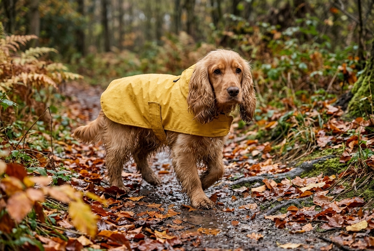 Sortir son Cocker sous la pluie : Cocker en imperméable jaune sur un chemin d'automne