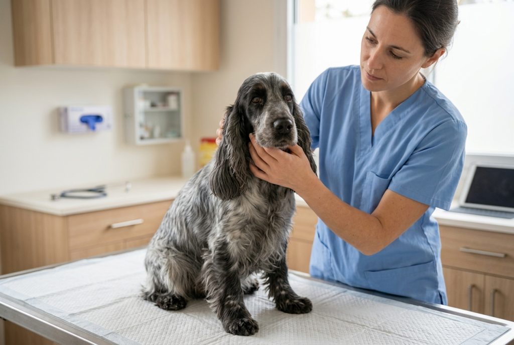 Vétérinaire examinant un Cocker Spaniel pour une toux persistante
