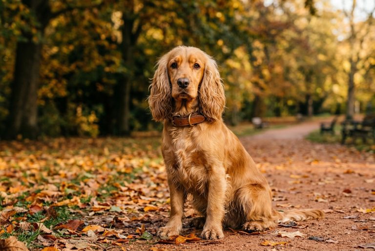 collier cocker spaniel martingale cuir marron parc automne